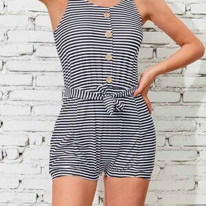 Seafancy Vintage Black and White Striped One Piece Swimsuit with Belt